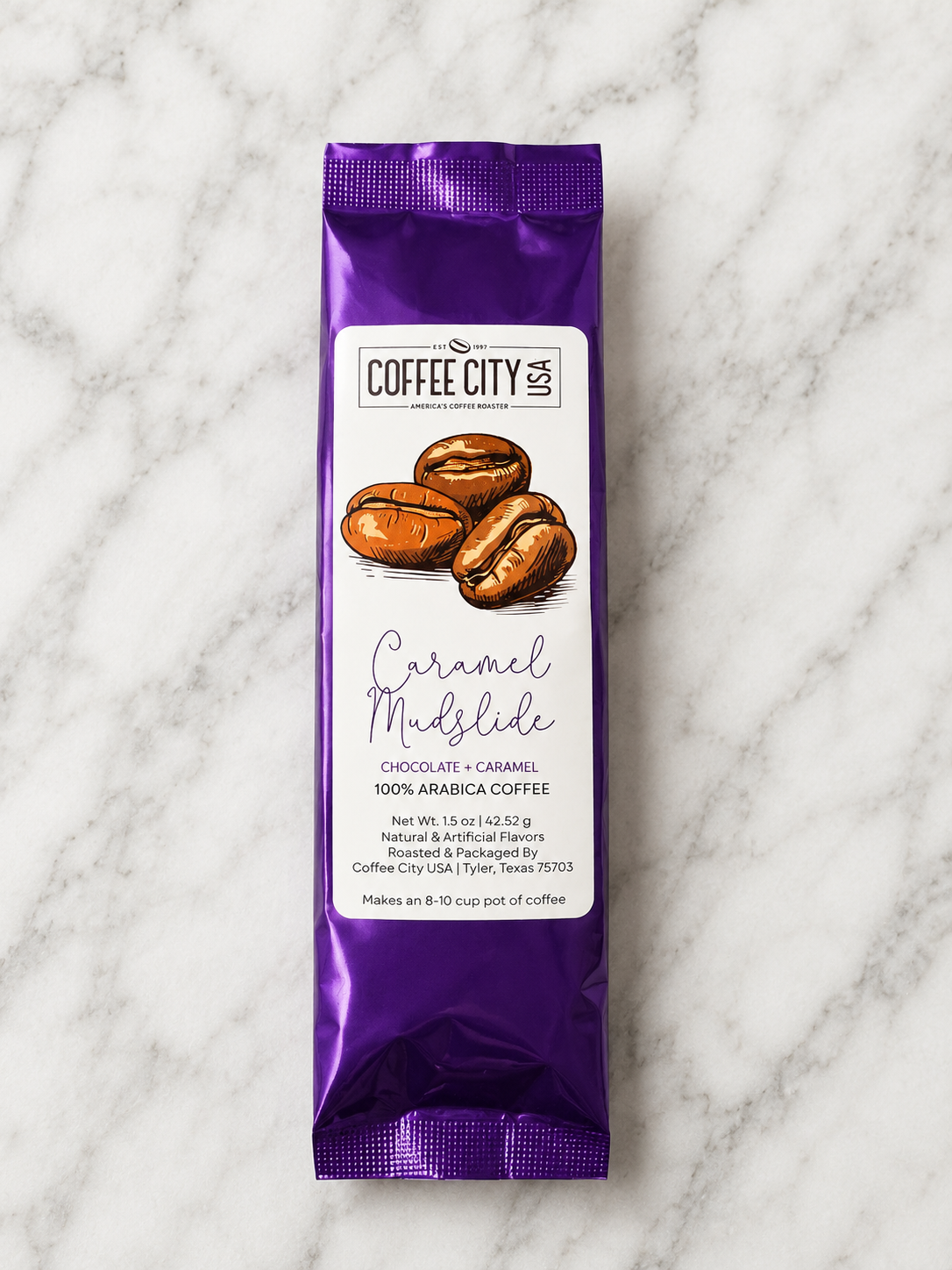 Caramel Mudslide Flavored Gourmet Coffee – 1.5 oz Purple Foil Bag