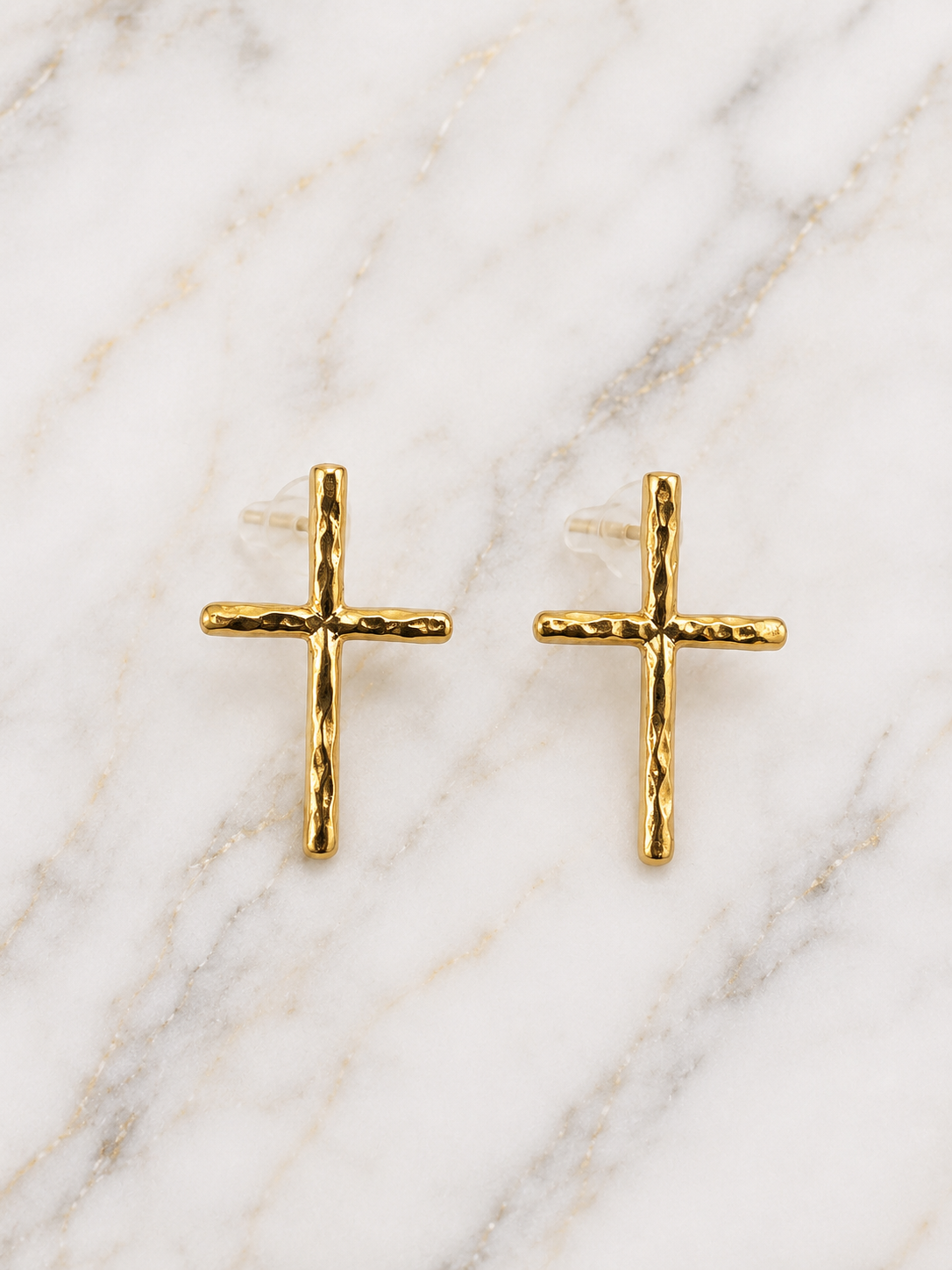 Earrings - Hammered Gold Cross Stud Earrings