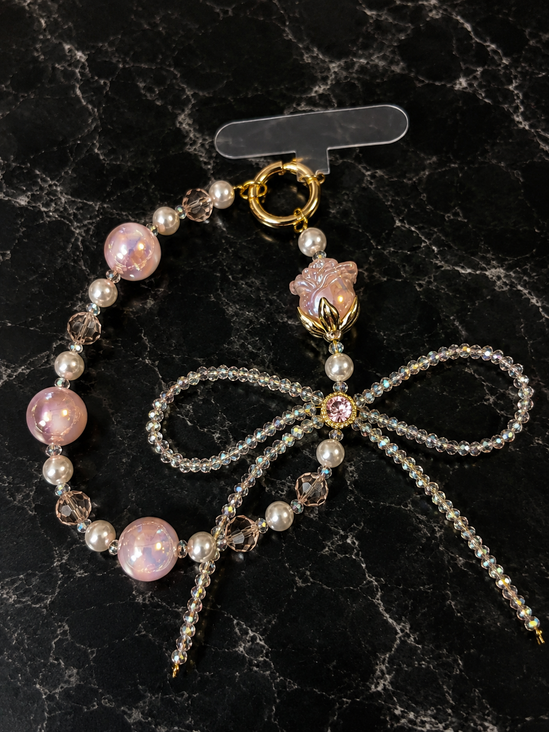 Blush Pearl Bow Phone Lanyard Wristlet – Handcrafted Beaded Phone Charm