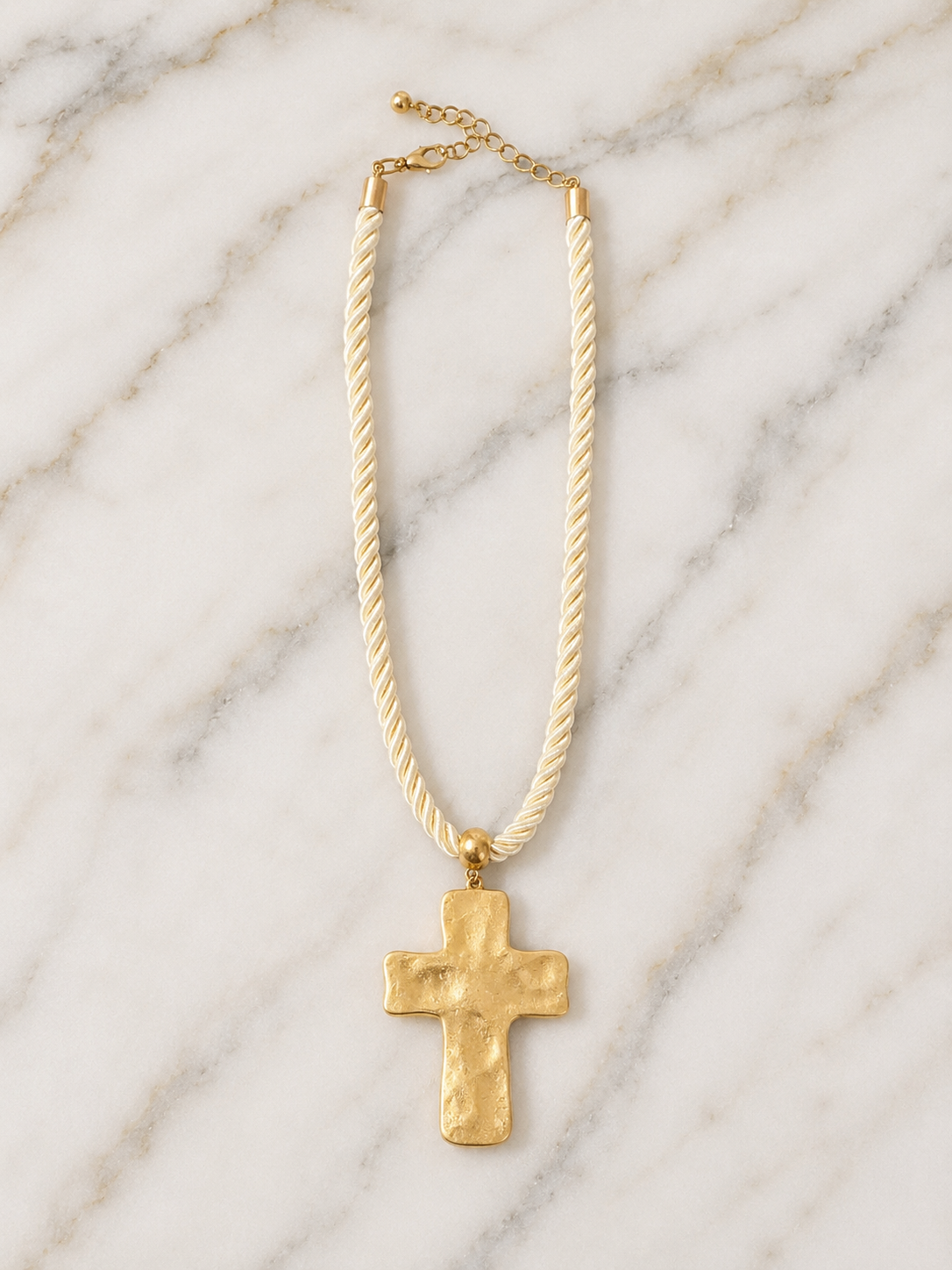 Necklace - Ivory Twisted Cord Hammered Gold Cross Necklace