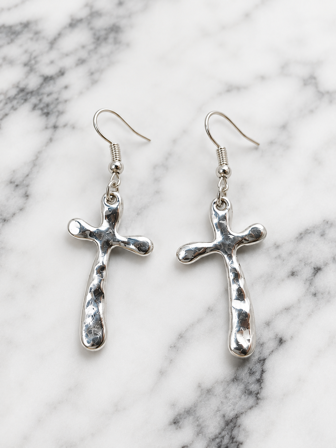 Earrings - Hammered Silver Cross Drop