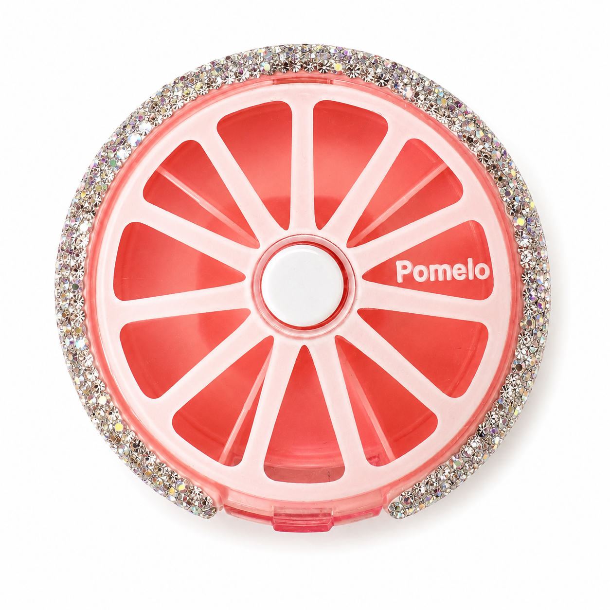 Bling Bling!! Round Weekly Pill Organizer – 7-Day Rotating Travel Pill Box with Rhinestone Trim Pink