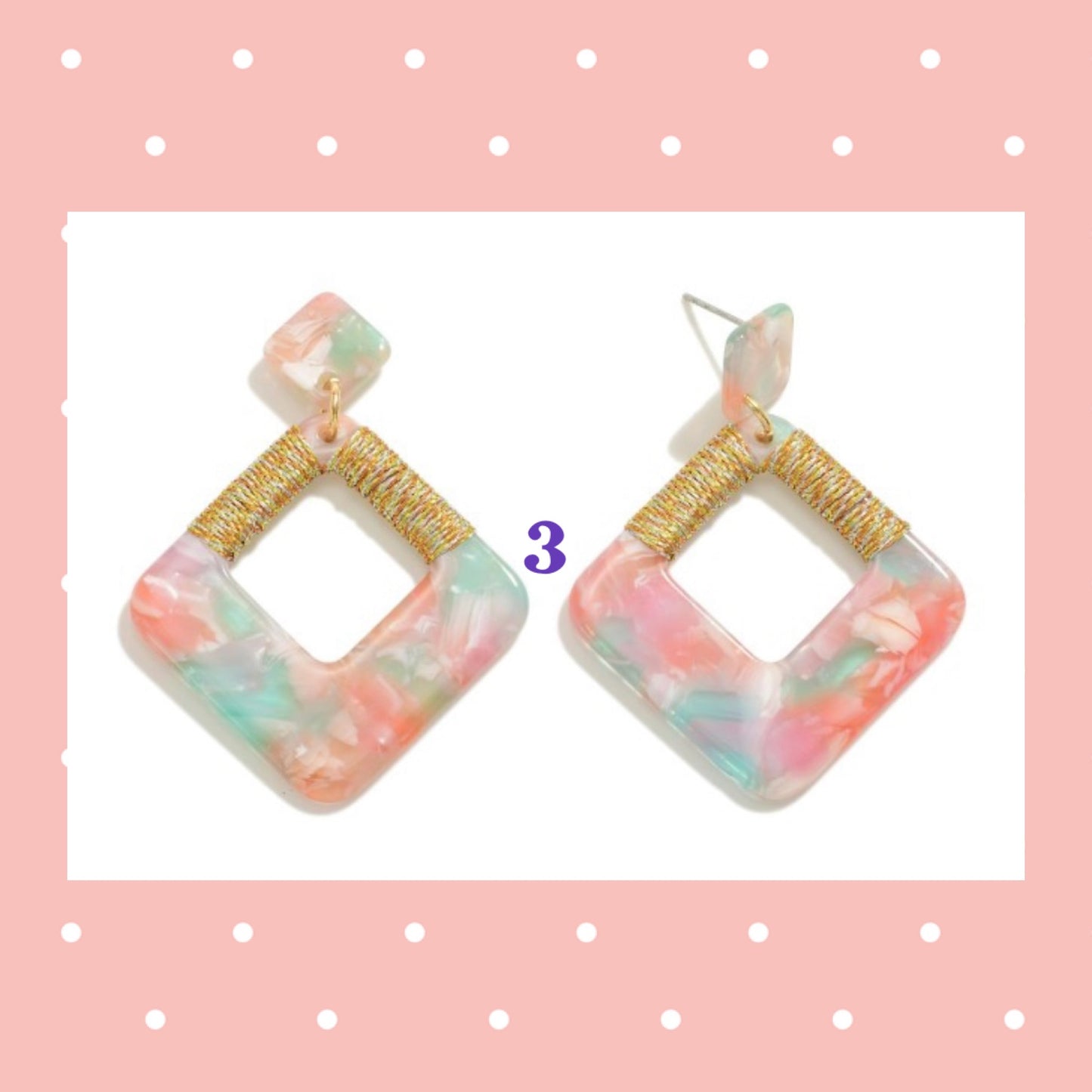 Resin Marbled Diamond Drop Earrings With Metallic Wrapped Thread Accent - Available in 4 colors