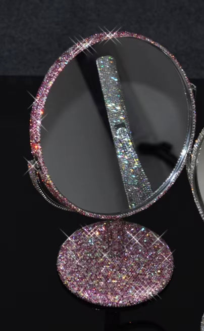 Large Pedestal 2 Sided Pink Rhinestone Makeup Mirror / magnified on one side