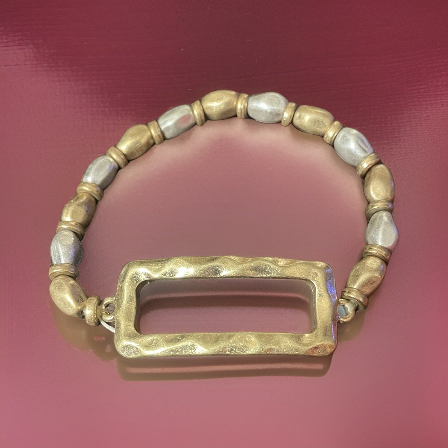 Rectangle Hammered Bead Stretch Bracelet - Available in SIlver and Gold