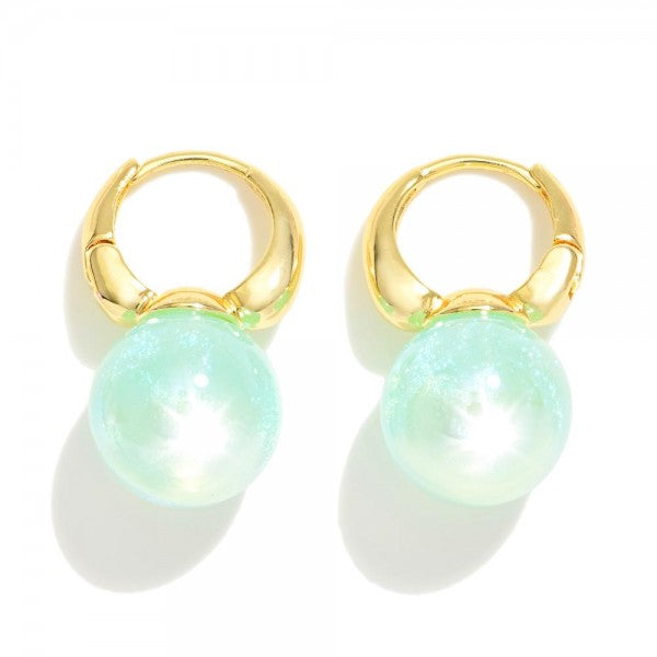 Gold Huggie Hoops Featuring Aqua Pearlescent Ball