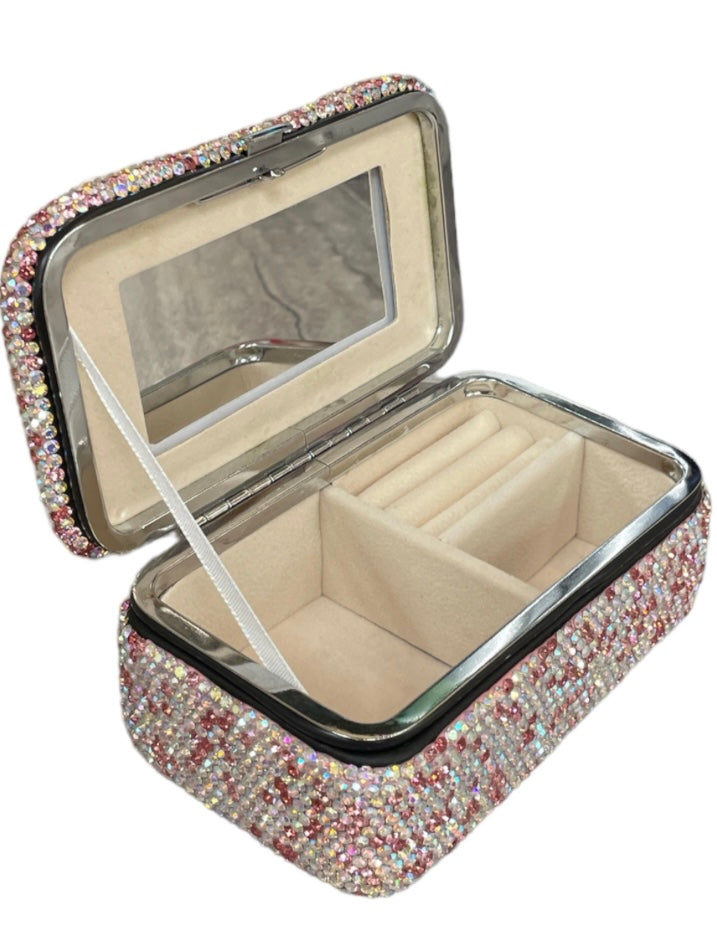 Bling Bling!! Pink Crystal Rectangular Jewelry Case With Mirror