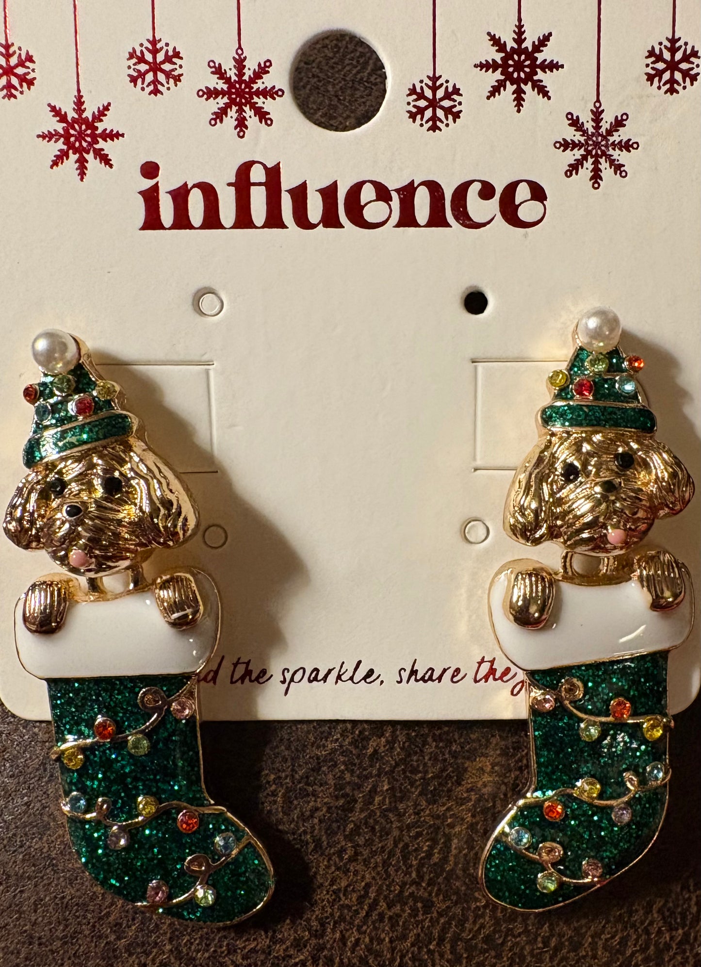 Earrings - Christmas Stocking / Socks with Holiday lights and puppies- available in two colors