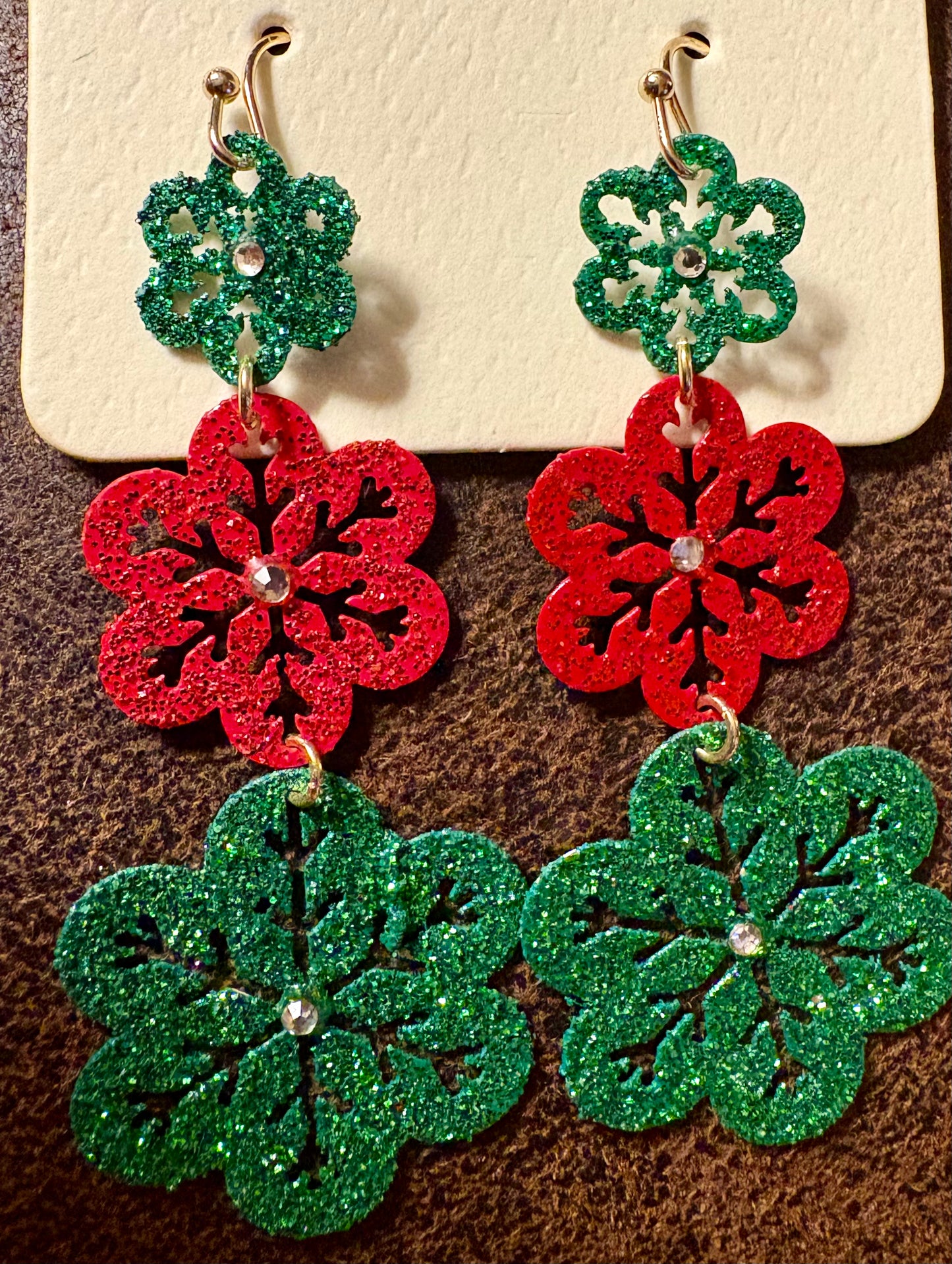 Earrings - Stacked Sparkle Snowflakes - red & green