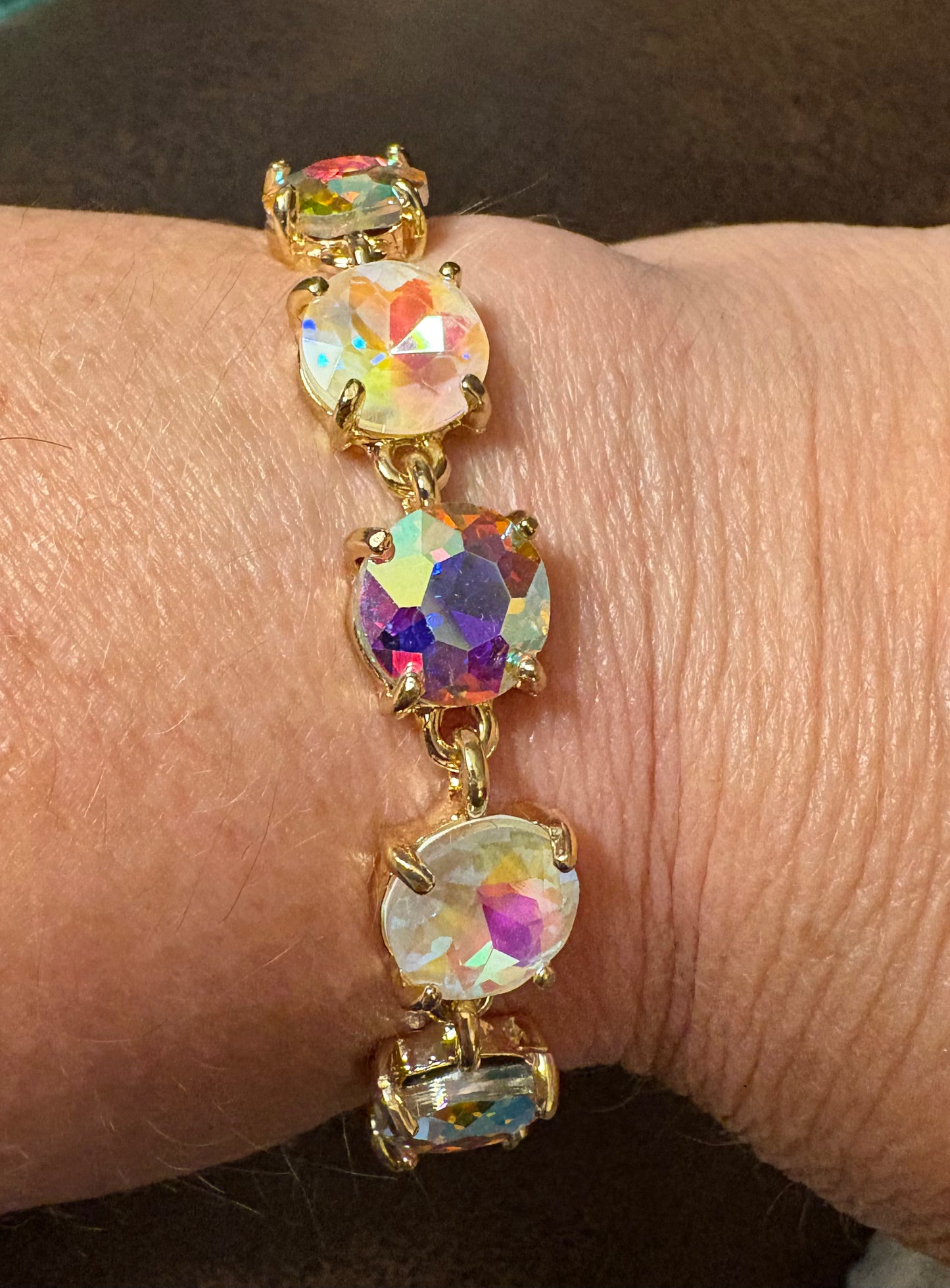 Bracelet - Round Cushion Cut Crystal Glass Linked with clasp in gold (multi pink ab)