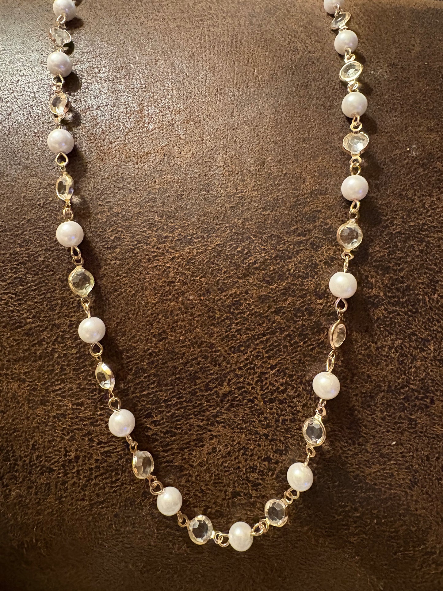 Necklace - Pearl & Open Bezel Crystal in Gold 36-38” adjustable clasp