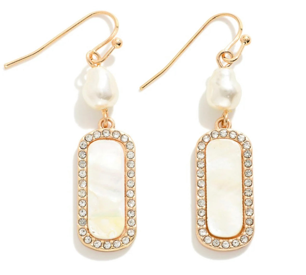 Earrings - Pearlescent Mother of Pearl Rectangle Drop Featuring Linked Pearl & Rhinestone border in gold