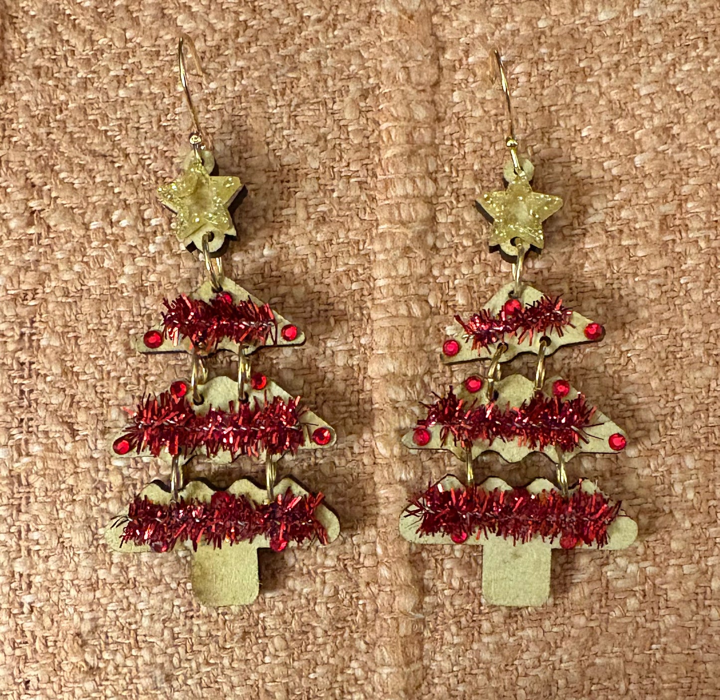 Earrings - Wood Christmas Tree with red garland and sparkling acrylic star