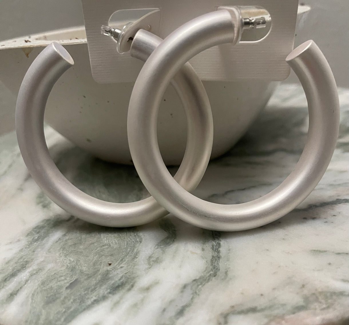 Earrings - Brushed Silver Thick Tubular C Shaped Hoops