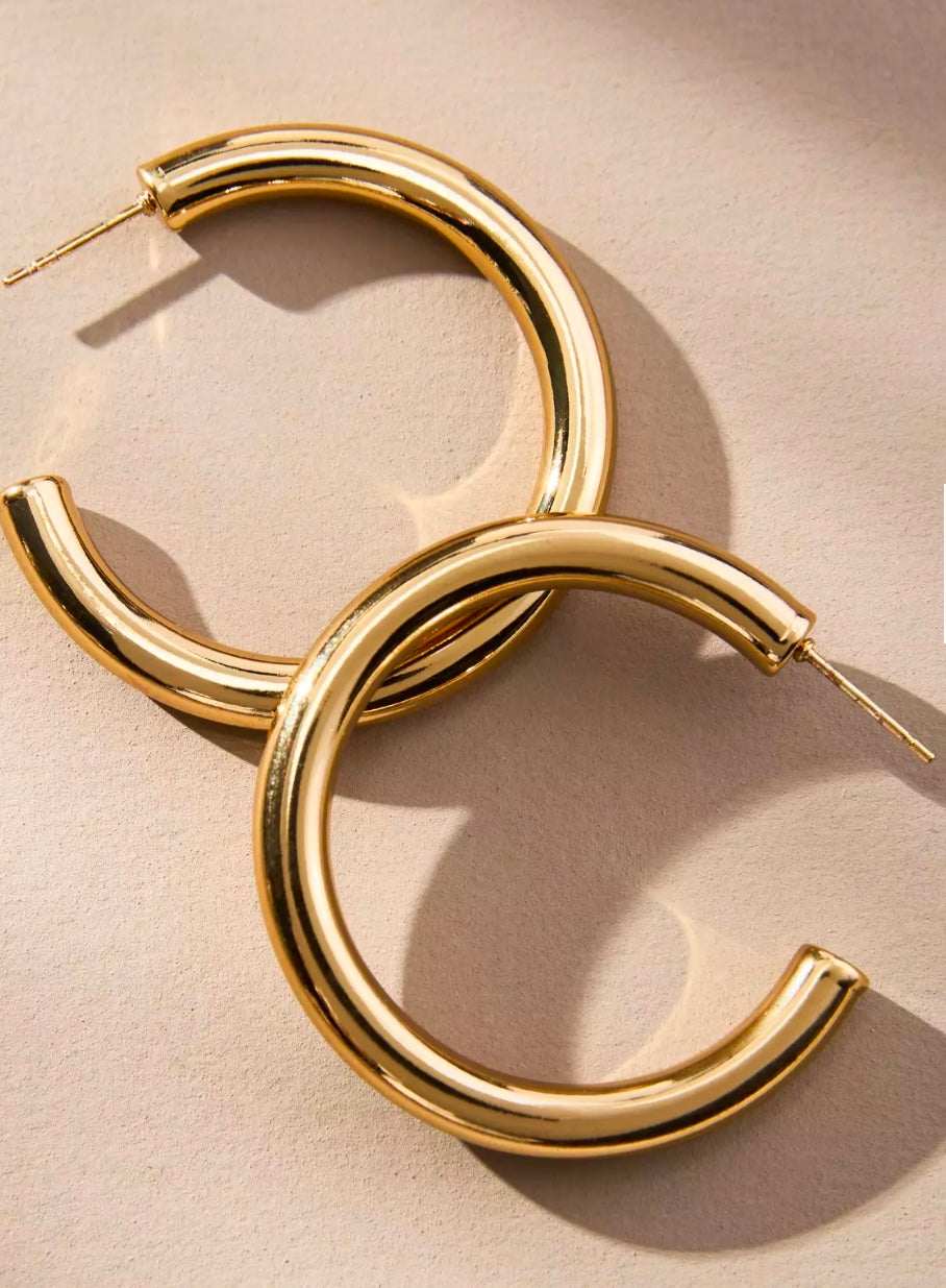 Earrings - Polished Gold Thick Tubular C Shaped Hoops