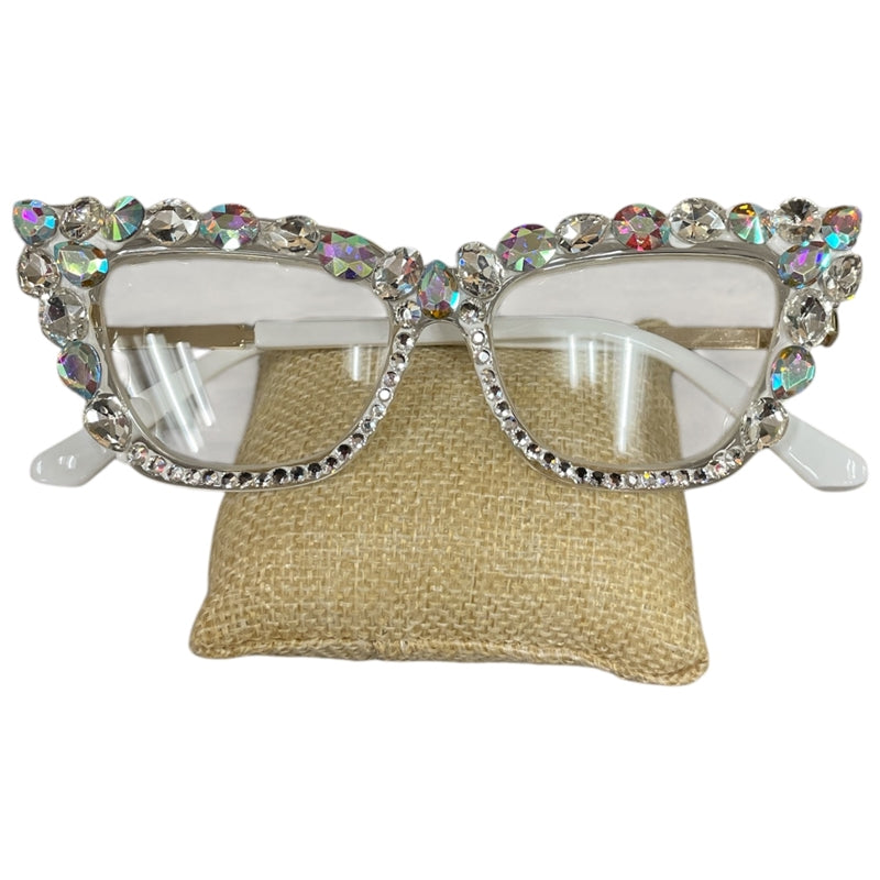 Bling Bling!! Cat Eye Large Rhinestone AB Silver Reading Glasses