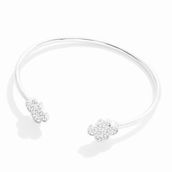 Bracelet - Silver Metal Rhinestone Clover Bangle