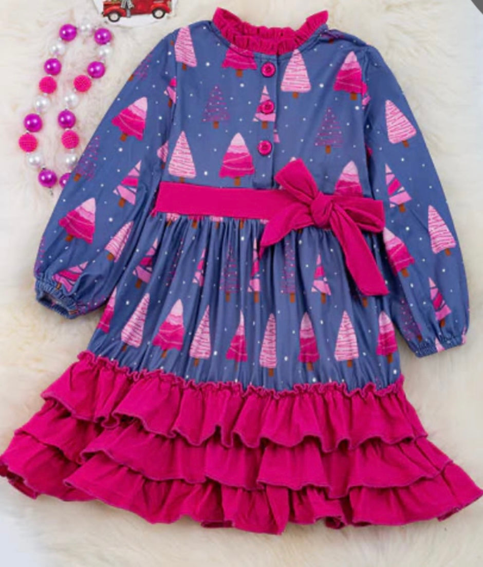 Clothing for toddler and/ or baby girl - Pink Christmas tree printed bubble sleeve dress