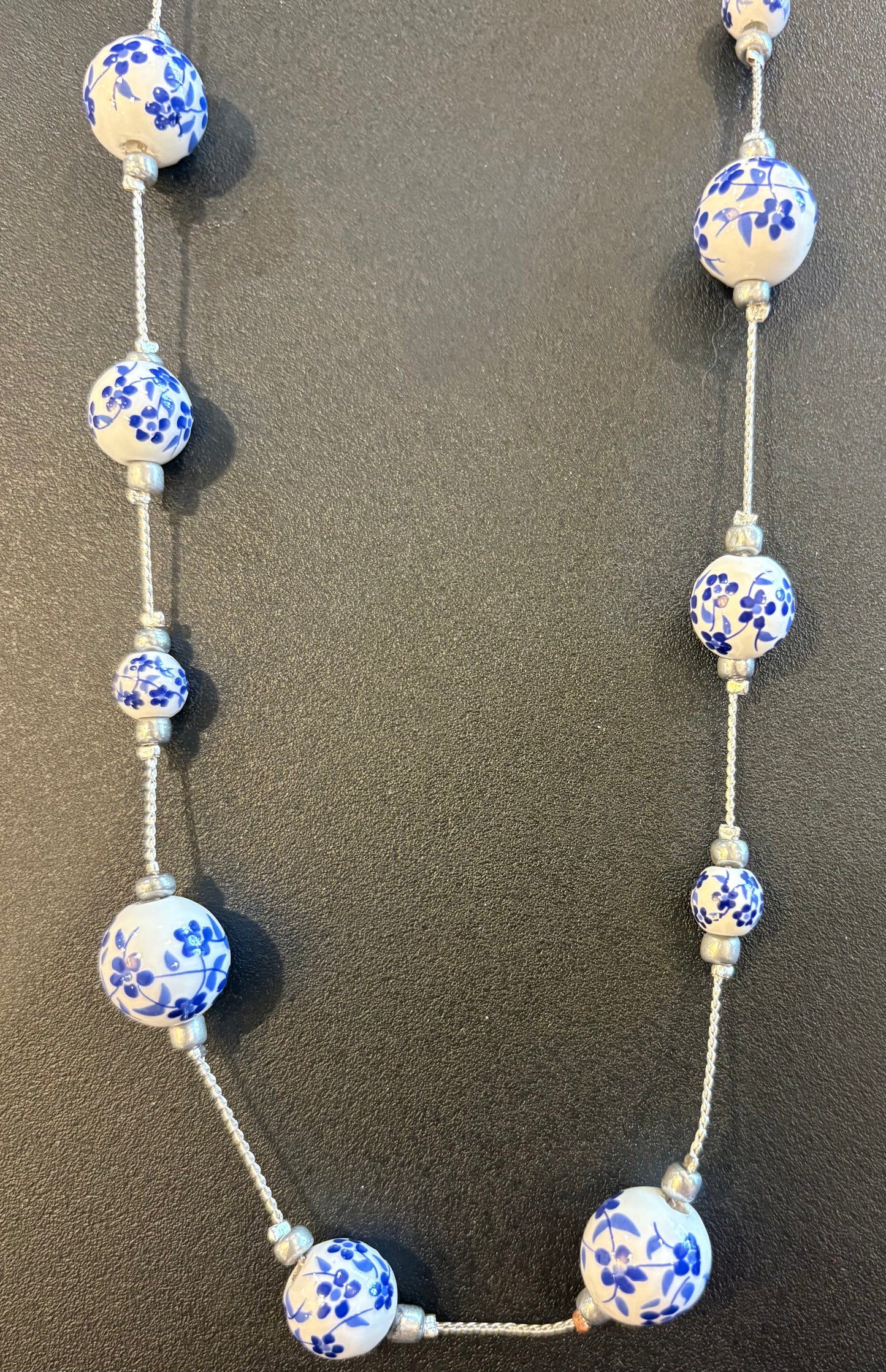 Long Silver Necklace with blue and white beads