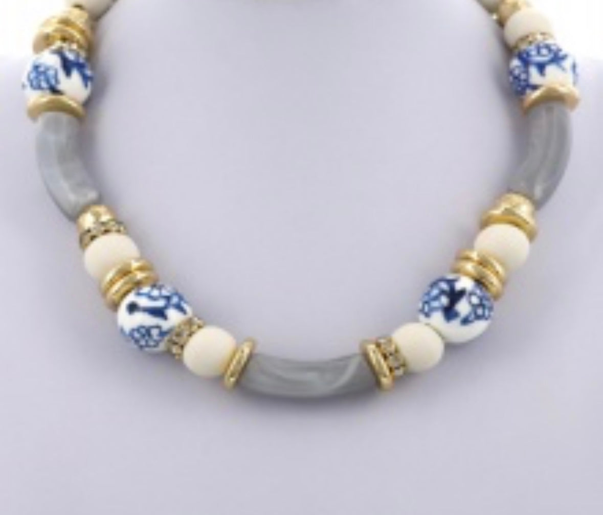 Tube Bead Acrylic & Wood Bead Necklace