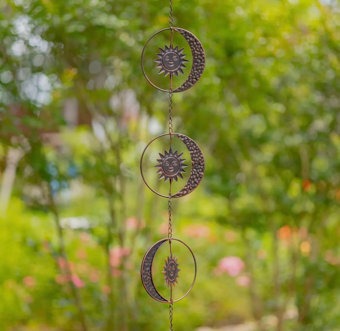 Rain Chain - 76" Long Antique Bronze with Crescent Moon & Sun Windchime