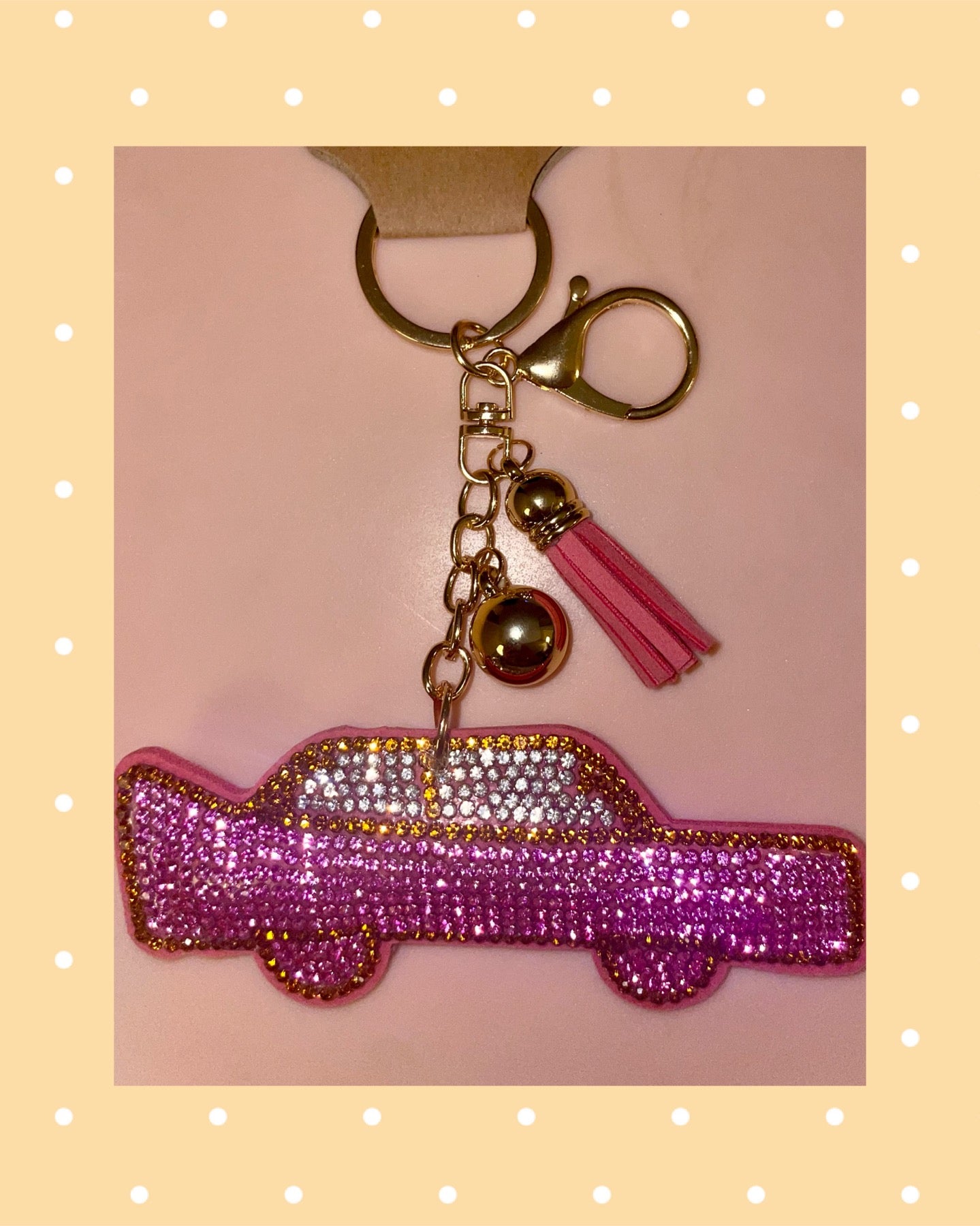 Bling Rhinestone Pink Cadillac Car Puffy Tassel Keychain Purse Charm