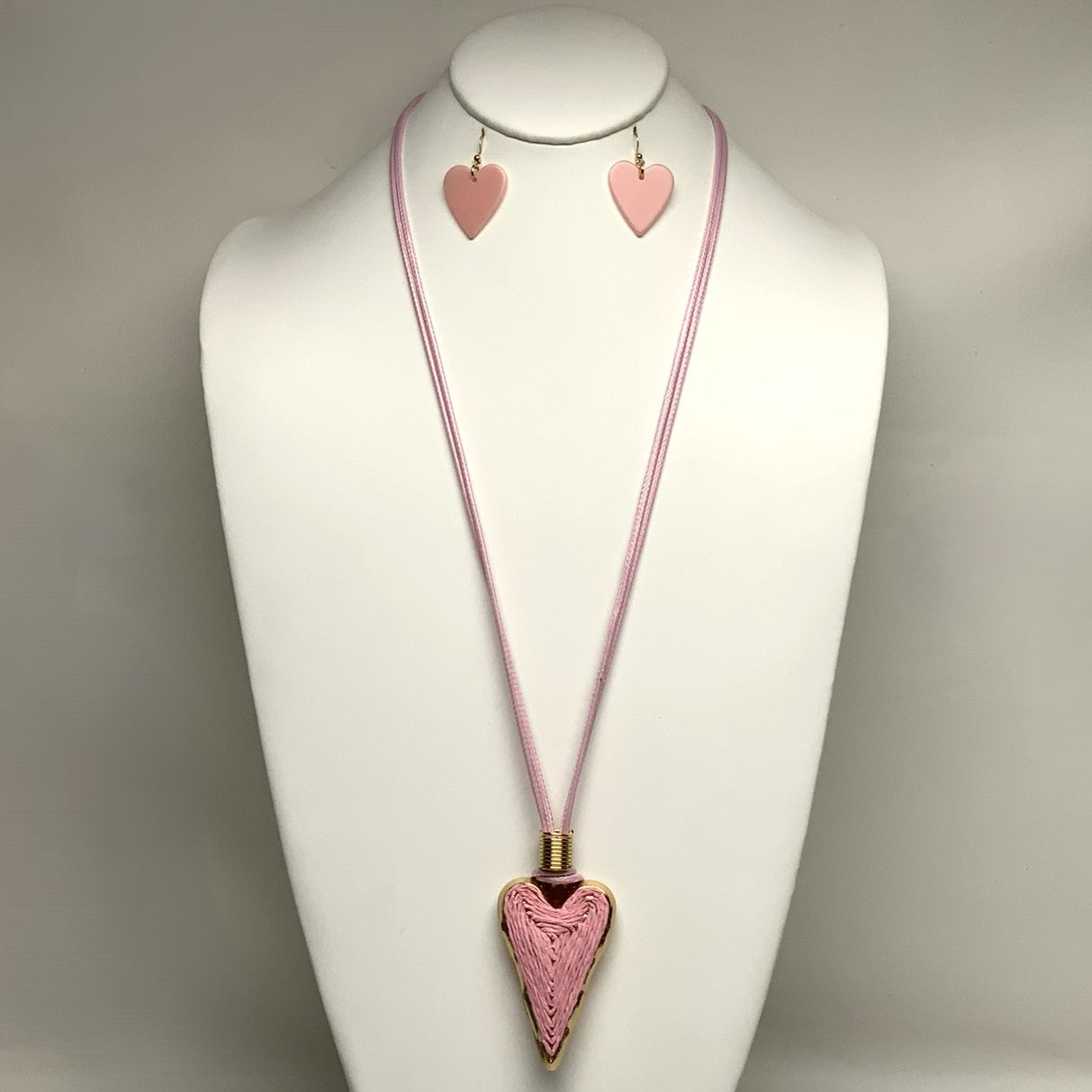 Large Pink Heart Cord Necklace Set with Earrings