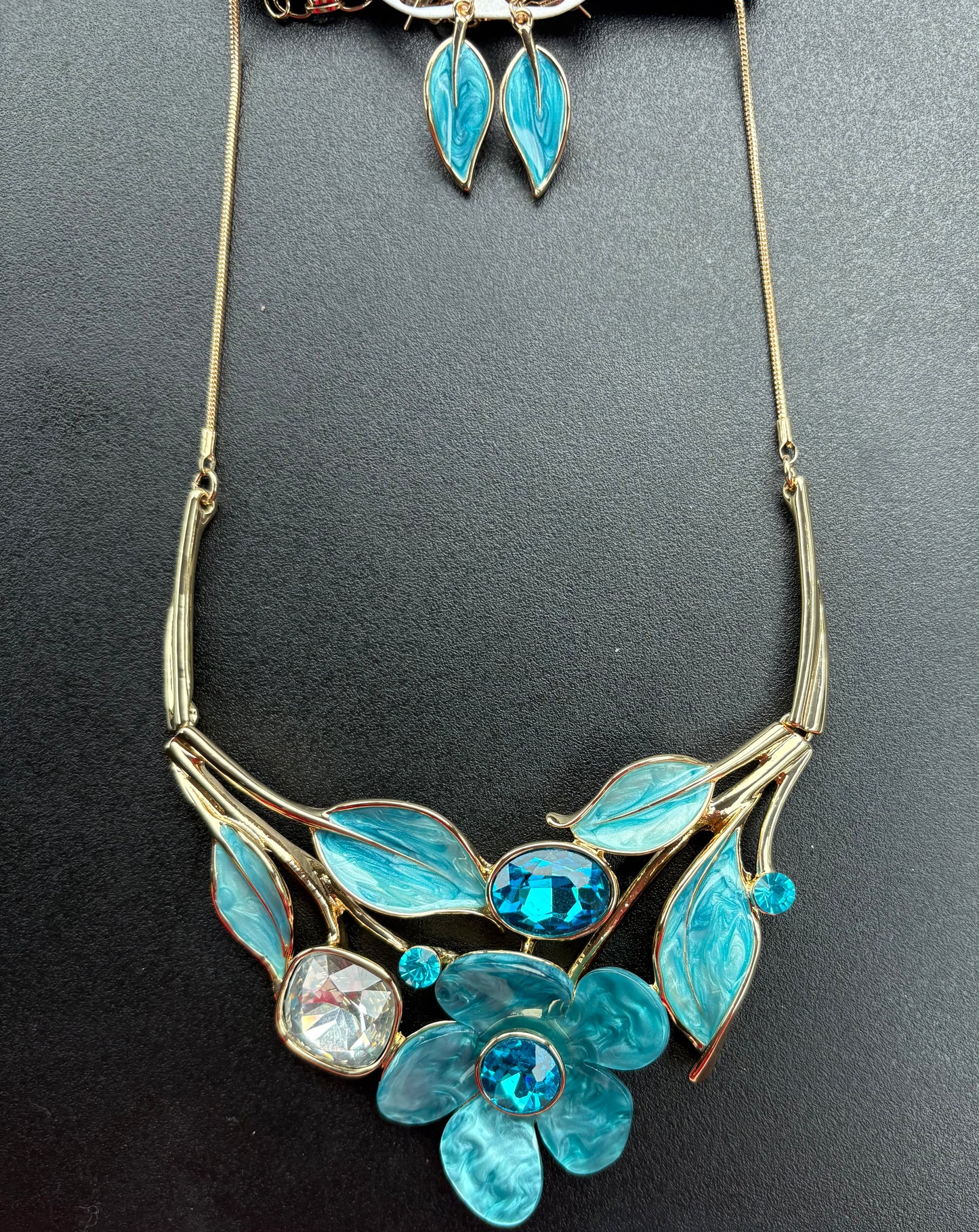 Blue Flowers & Leaves Bib Statement Necklace and Earring Set
