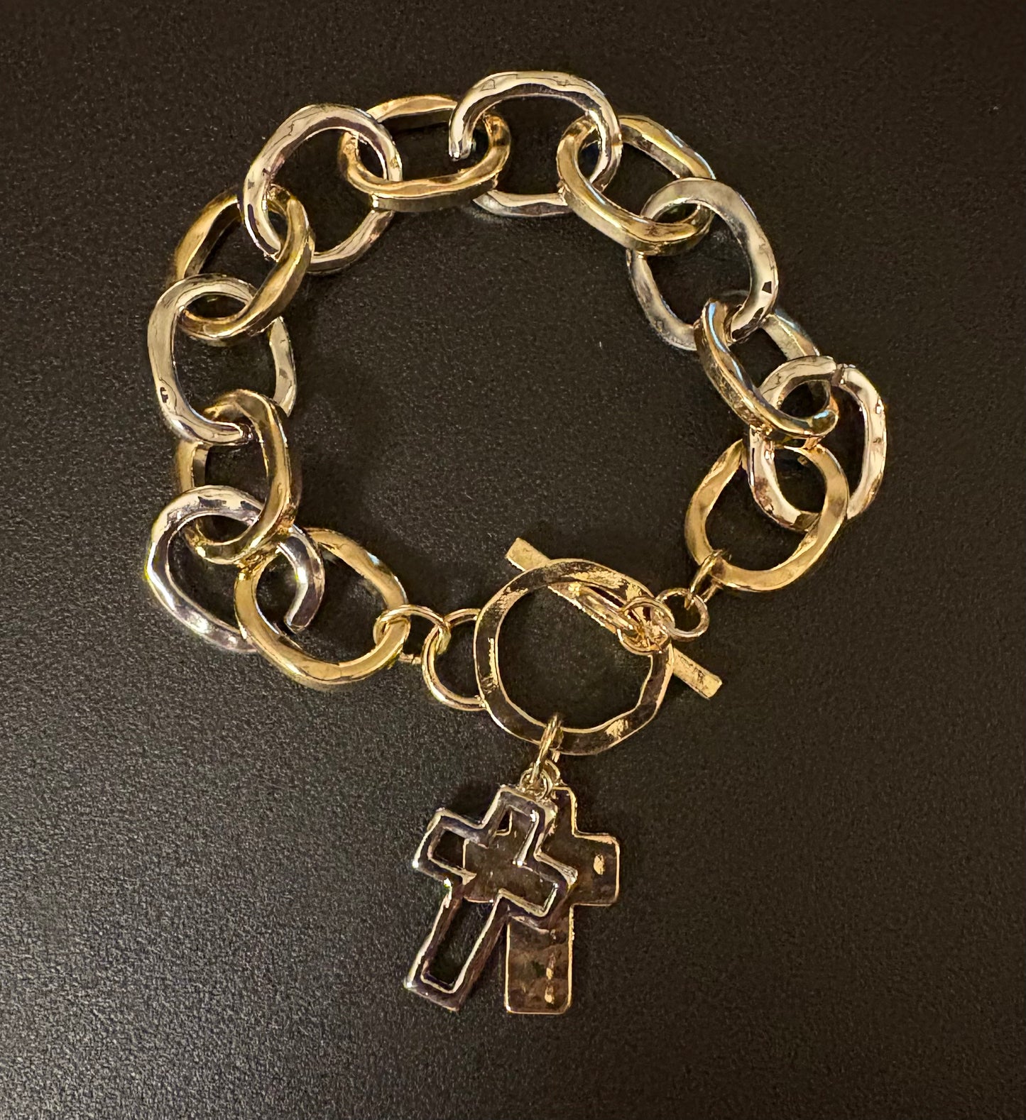 Two Tone Hammered Chain Link Bracelet with Cross Charms on Toggle Clasp