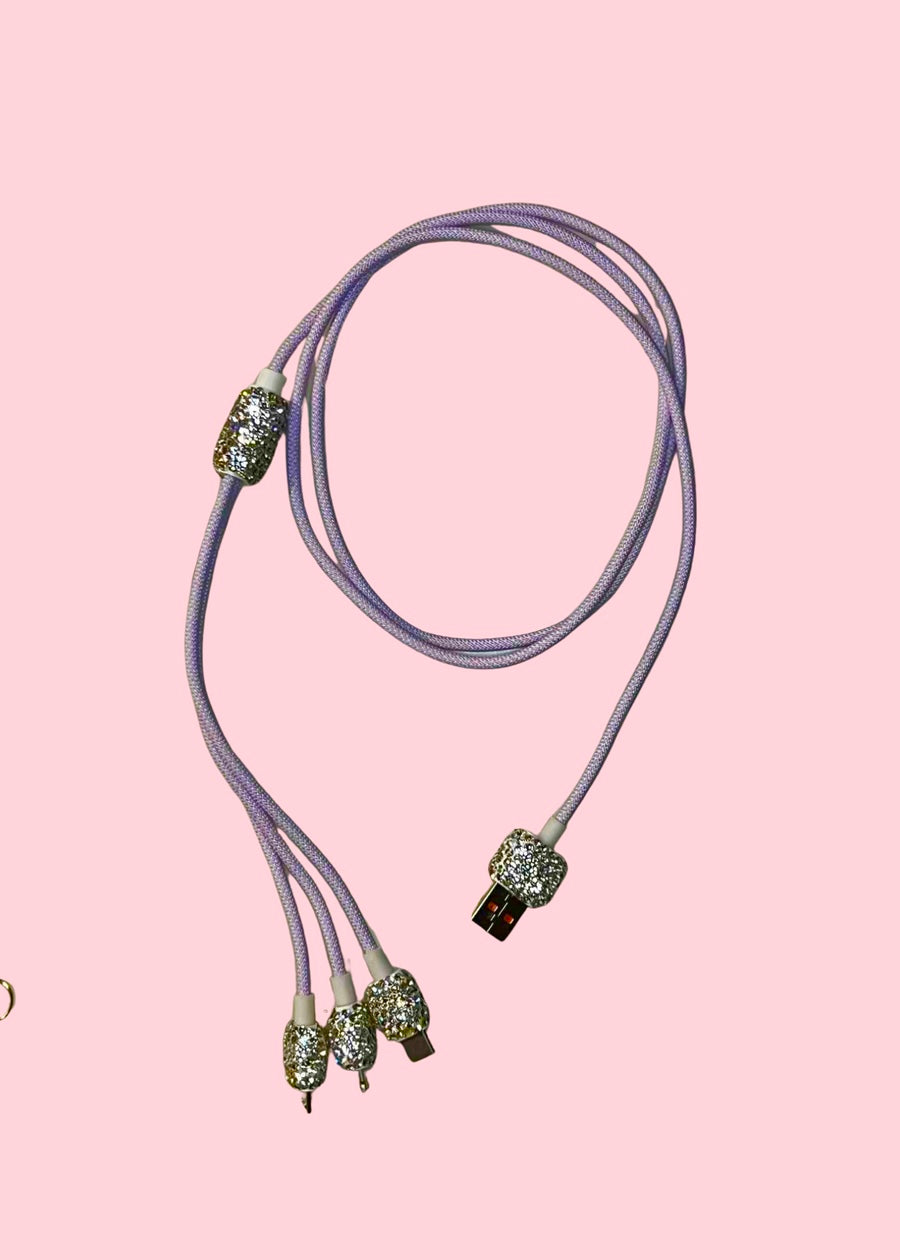 Bling Bling! Lavender Crystal Rhinestone Mobile Phone Data Charging Cable 3 in 1 Lightning, USB C, Micro USB to USB - Apple iPhone iPad Android Cell Phone