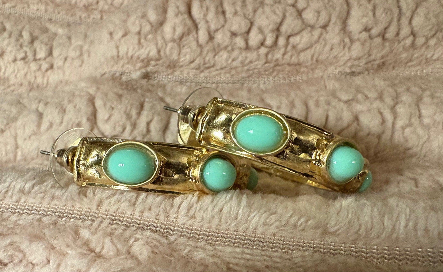 Hammered Gold Statement Hoop Earrings with Ovals Cabs available in 6 colors. Matching bracelets available