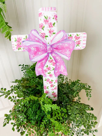 Decor - RTC Pink Roses Cross with Bow