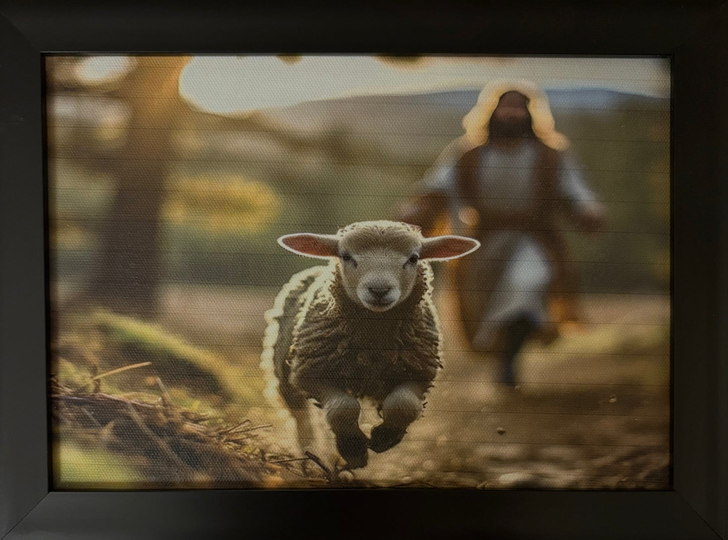 LOC - Framed Canvas - Good Shepherd Chasing Lost Lamb. 7 3/4 x 5 3/4