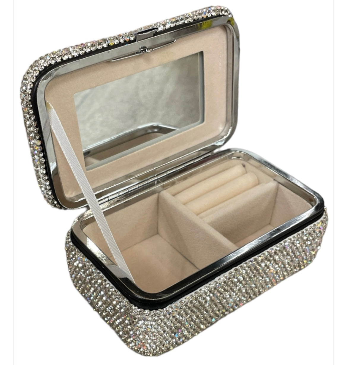 Bling Bling!! Silver AB Crystal Rectangular Jewelry Case With Mirror