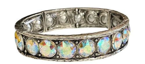 AB Rhinestone Studded Stretch Cuff Bracelet in Silver