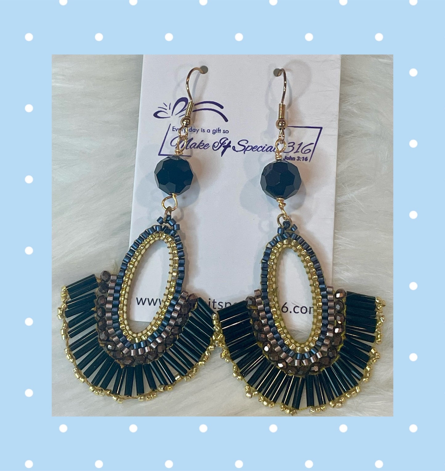 Black Beaded Statement Fan Earrings