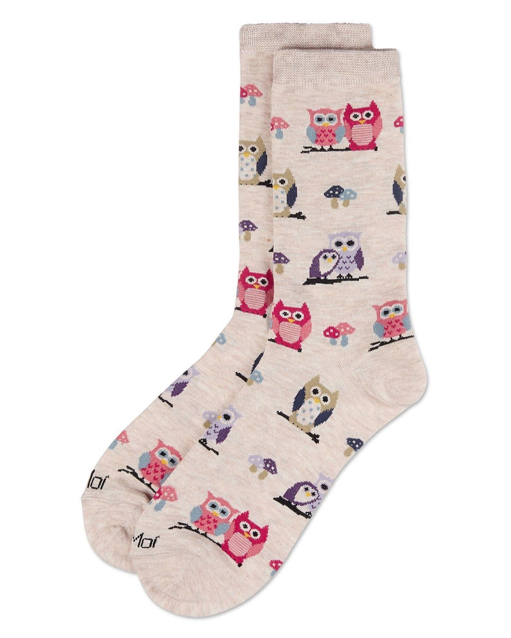 Memoi’ It's Owl Good Bamboo Crew Socks - Ivory Heather