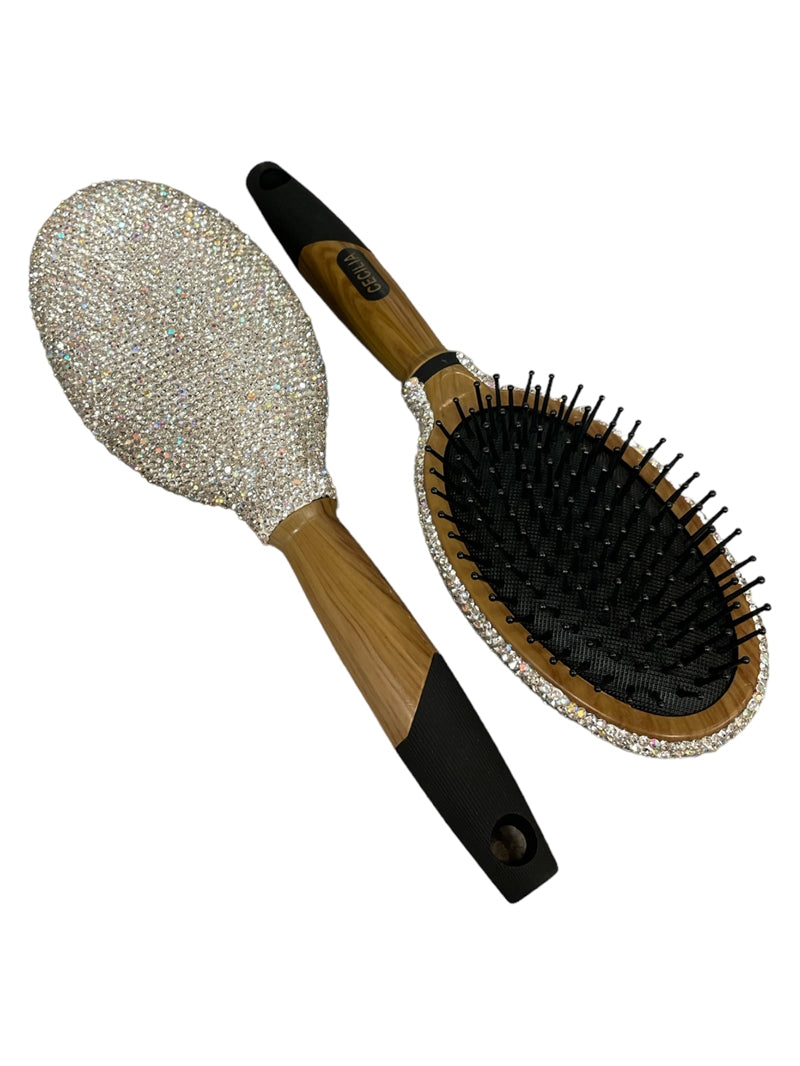 Bling Bling!! Wood Handled Silver Iridescent Rhinestone Hair Brush