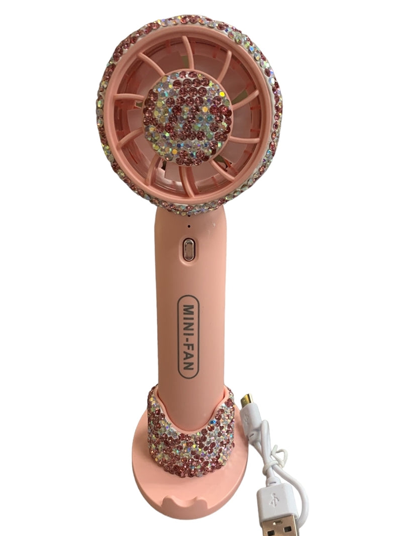 Bling Bling Mini Portable Rechargeable Pink Rhinestone Fan