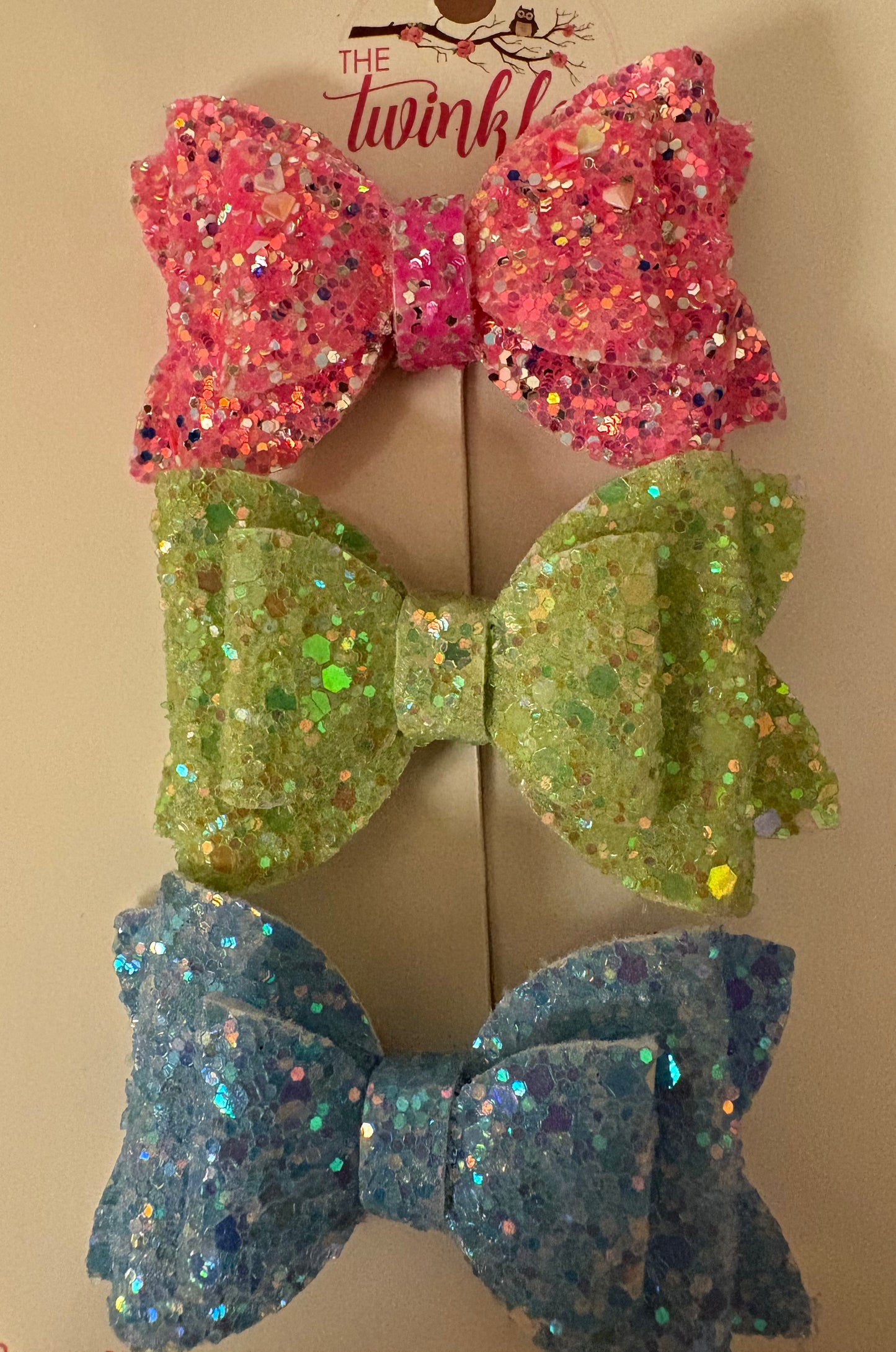 3 Pack Bow Set - Pink, Green, Blue Sparkle Bow