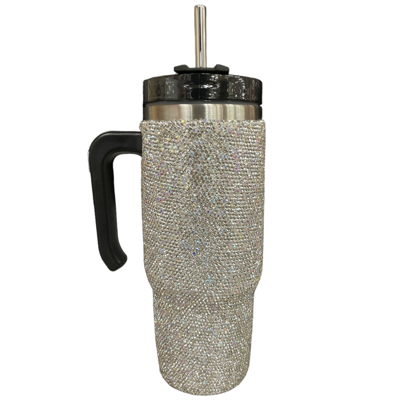 Bling Bling Handmade Silver AB Rhinestone Stainless Steel Thermos Mug / Tumbler with handle, lid and straw