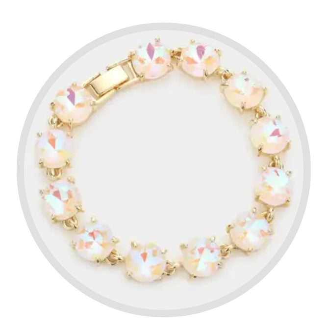 Bracelet - Round Cushion Cut Crystal Glass & Linked with clasp in gold - white opal