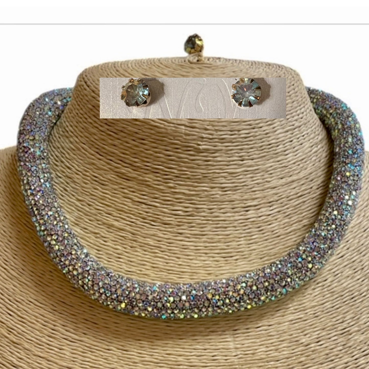 Bling Bling! AB Crystal Rhinestone Pave Rope Necklace with Stud Earrings