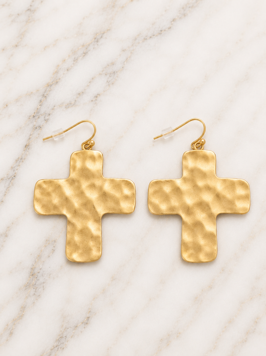 Earrings - Hammered Gold Cross Earrings