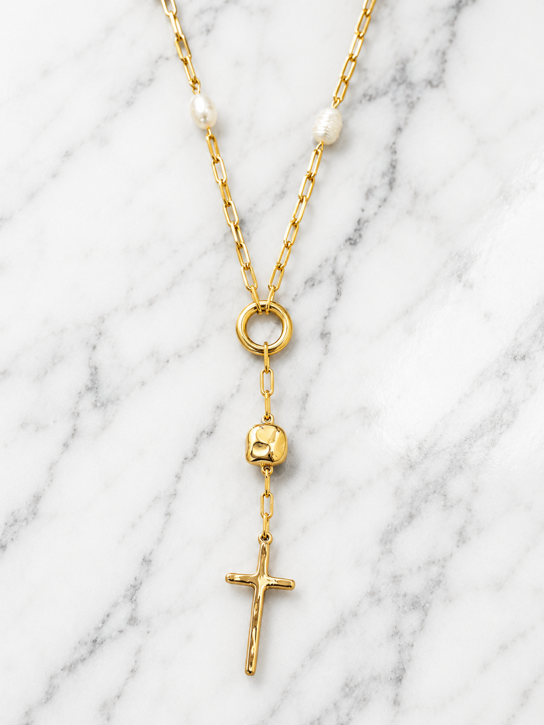 Gold Pearl Reversible Cross Y Necklace