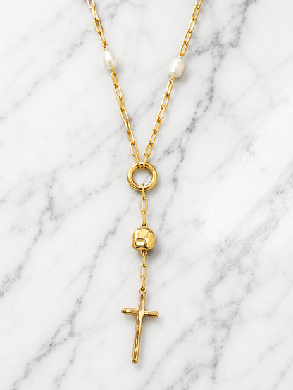 Gold Pearl Reversible Cross Y Necklace