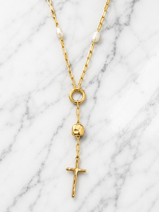 Gold Pearl Reversible Cross Y Necklace