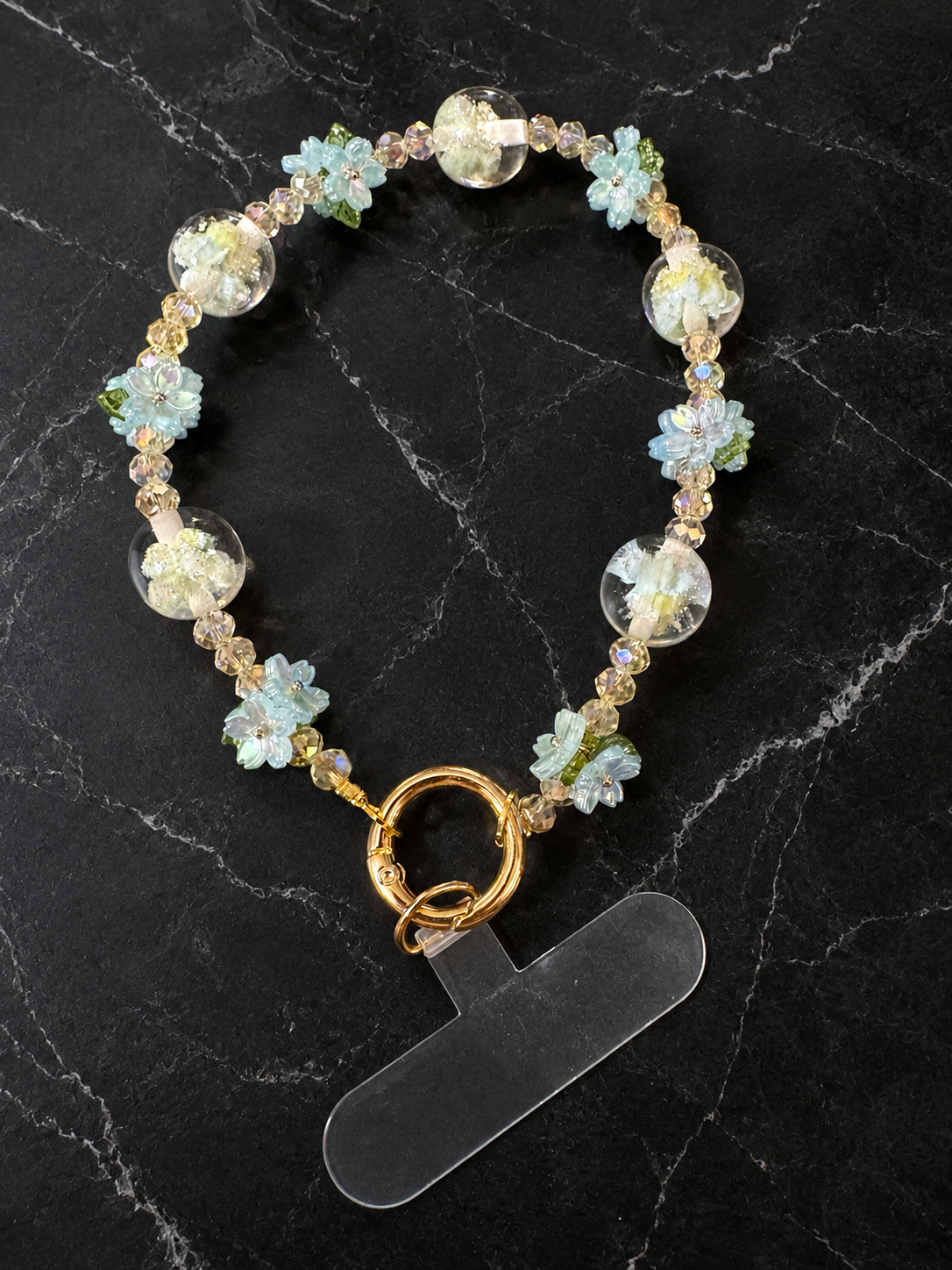 Blue Floral Beaded Phone Wristlet with Gold Clasp