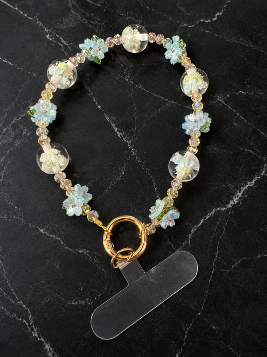 Blue Floral Beaded Phone Wristlet with Gold Clasp