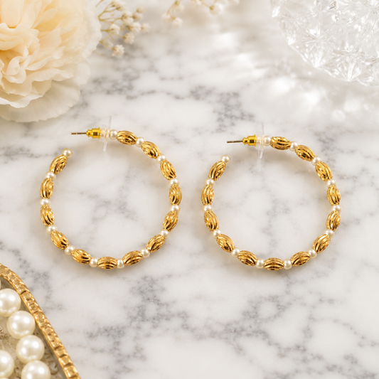 Earrings- Golden Pearl Textured Hoop Earrings